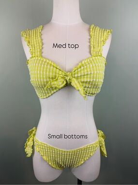 Adore Me Steph neon lime Gingham Bikini, Med top Small bottom Beach